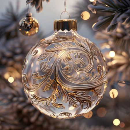 Christmas decorations on the branches of a Christmas tree, close-upの素材