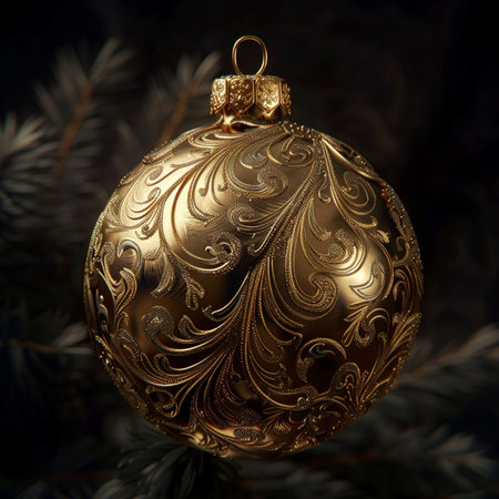 golden christmas ball on a spruce branch close-upの素材