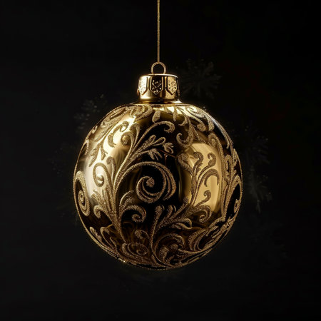 golden christmas ball with floral ornament on black background, closeupの素材