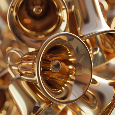 3d rendering of a group of golden musical instruments, close upの素材
