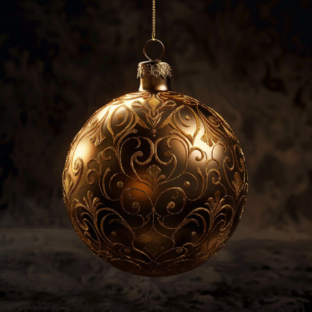 Golden Christmas ball on a dark background. 3d rendering, 3d illustration.の素材