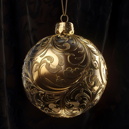 Golden Christmas ball on a black background. 3d render illustration.の素材