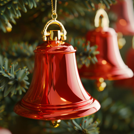 Christmas bell hanging on christmas tree. Shallow dof.の素材