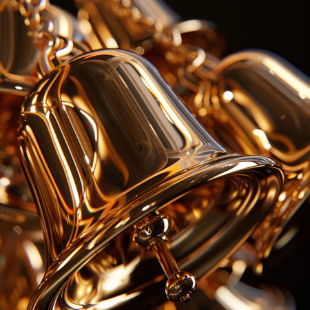 golden bells close up on black background. 3d render illustrationの素材