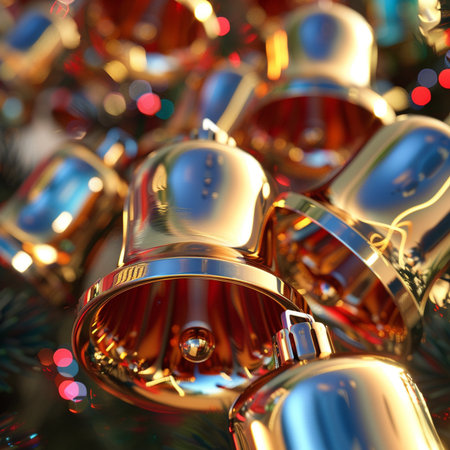 christmas bells on christmas tree. 3d render illustration.の素材
