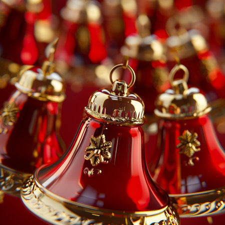 Christmas bells on a red background. Shallow depth of field.の素材