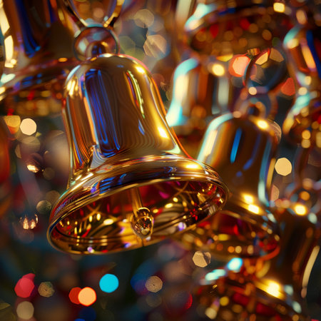 Christmas or New Year golden bells with bokeh lights background.の素材