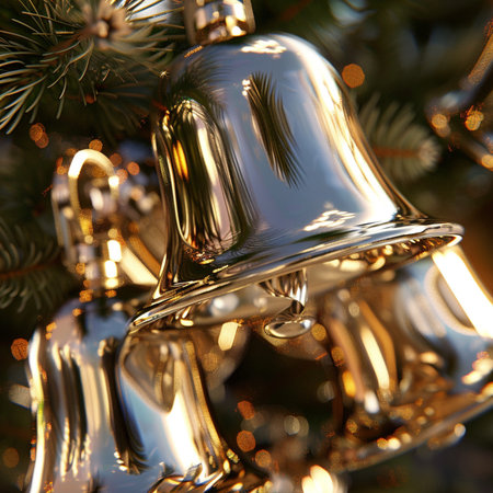 Golden bells on the Christmas tree. Shallow depth of field.の素材