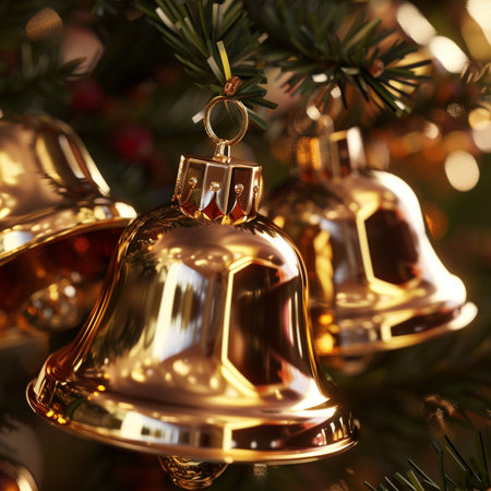 Christmas tree decoration with golden bells. Shallow depth of field.の素材