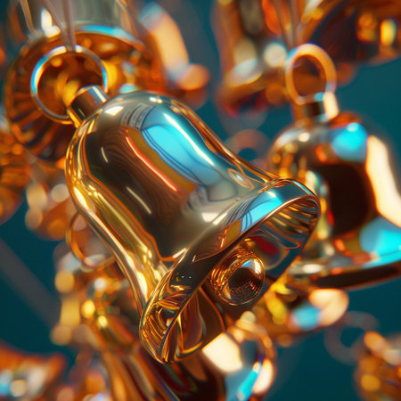 3d render of a golden christmas bell on a blue backgroundの素材