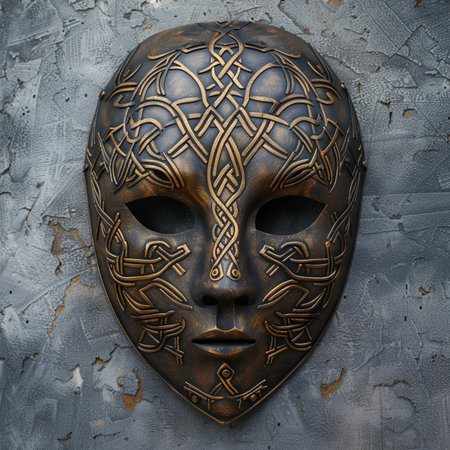 Venetian mask with golden ornament on a textured background.の素材