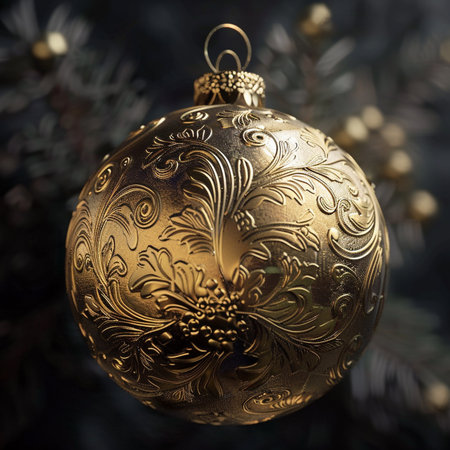 golden christmas ball on a dark background, close-upの素材