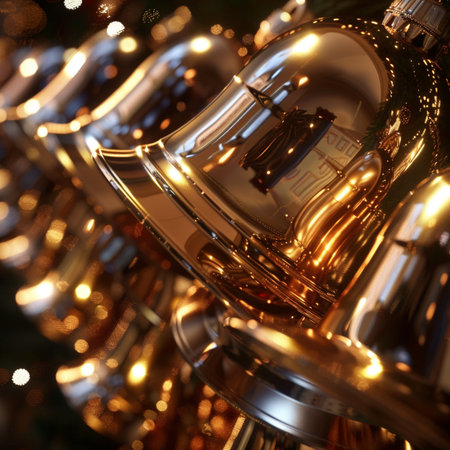 Golden bells on Christmas tree background. Shallow depth of field.の素材