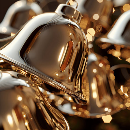 Golden Christmas bells on a bokeh background. 3d renderingの素材