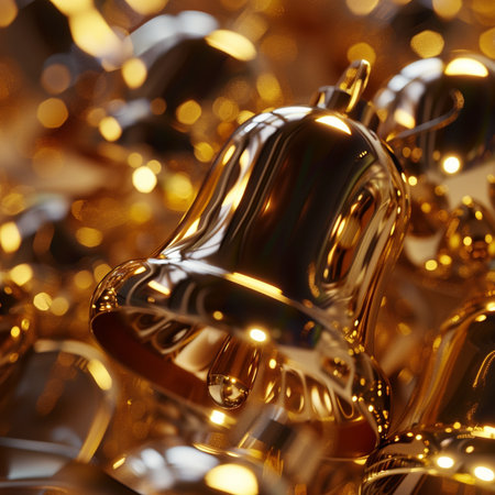 Golden christmas bells on a golden bokeh background. 3d renderingの素材