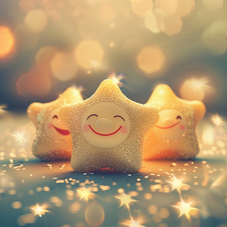 Cute star in the form of a smiley on a bokeh backgroundの素材