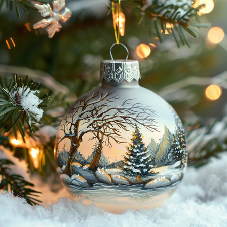 Christmas ball with fir branches on snow and bokeh background.の素材