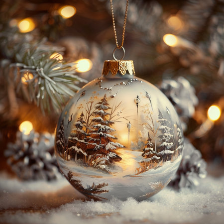 Christmas decoration with fir tree branch and glass ball on snow and bokeh backgroundの素材