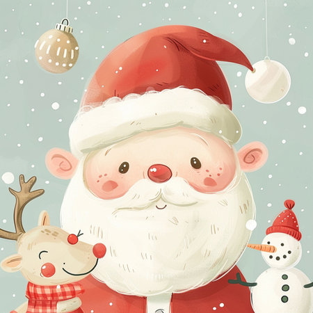 Santa Claus with reindeer and snowman. Vector illustration.の素材