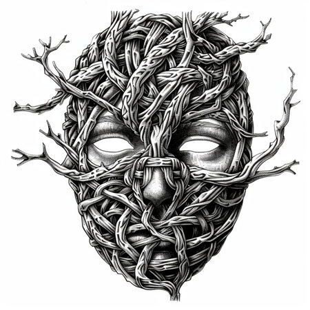 Black and white illustration of alien face with wires. Tattoo art.の素材