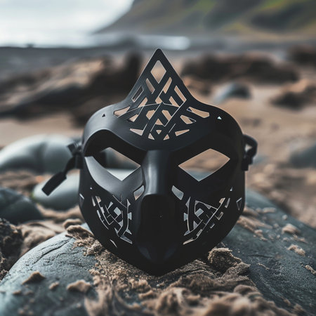 Black mask on the beach. Halloween concept. 3D Renderingの素材