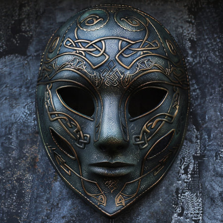 Close-up of a medieval mask on a dark grunge backgroundの素材