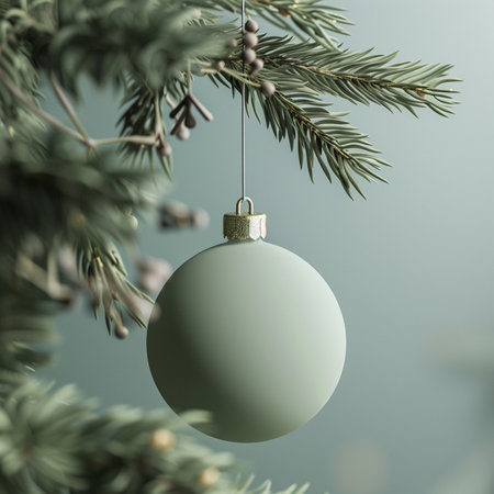 green christmas ball hanging on fir tree branch, vintage tonedの素材