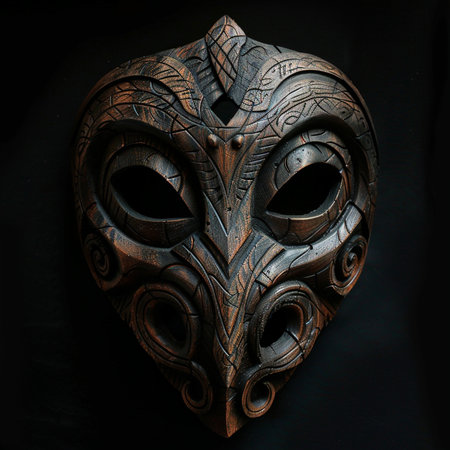Wooden mask on a black background. Close-up. 3d renderingの素材