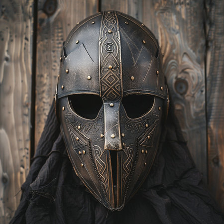 Medieval knight helmet on a wooden wall background, close-upの素材