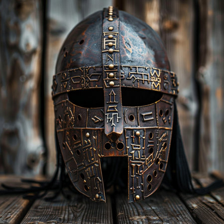 Old metal helmet of a medieval knight on a wooden background. Selective focus.の素材