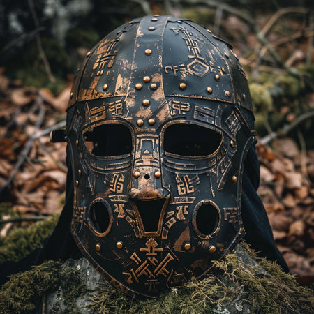 Medieval warrior helmet in the woods. Medieval warrior. Halloween.の素材