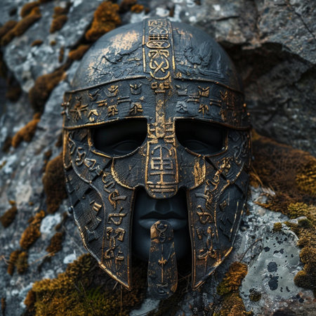 Knight's helmet on a stone background. The concept of fantasy.の素材
