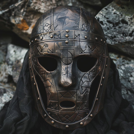 Medieval warrior helmet with a skull on a stone background. Close-upの素材