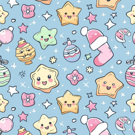 Christmas and New Year seamless pattern with cute cartoon characters. Vector illustration.の素材