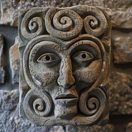 Close up of the face of an ancient mask on the wall of a churchの素材
