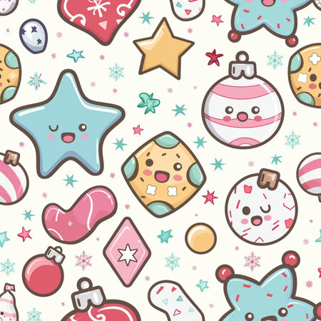 Christmas and New Year seamless pattern with cute cartoon characters. Vector illustration.の素材