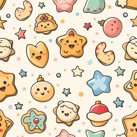 Seamless pattern with gingerbread cookies and stars. Vector illustration.の素材