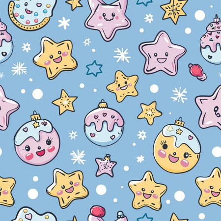 Seamless pattern with cute kawaii stars. Vector illustration.の素材