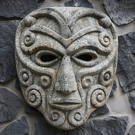 Ancient mask on the facade of a building in Bali, Indonesiaの素材
