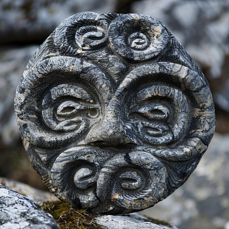 Stone sculpture of a face of a lion in the rock garden.の素材