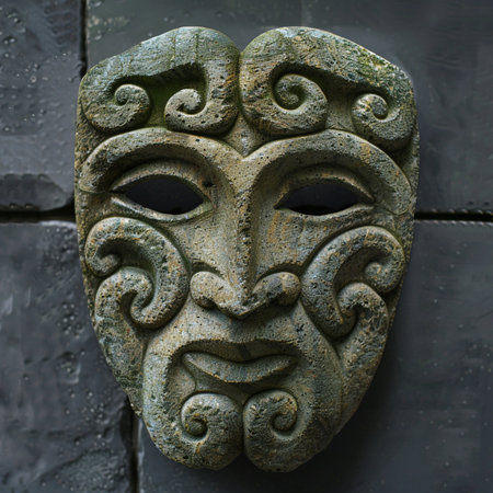 Ancient mask on the facade of a building in Lviv, Ukraineの素材