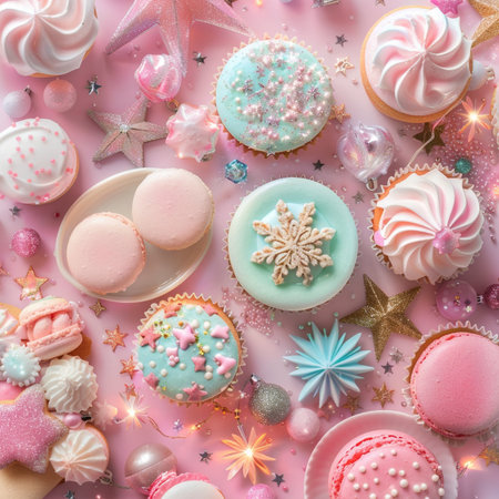 Colorful macaroons on pink background with stars and snowflakesの素材
