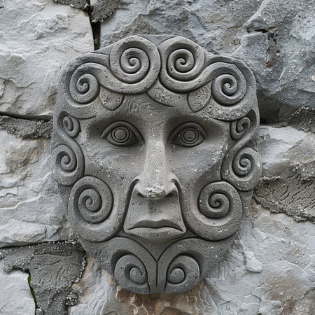 Stone head sculpture on the wall of the old house in Riga, Latviaの素材