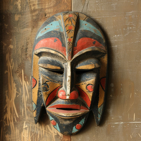 Tribal mask on the wooden wall, closeup of photoの素材