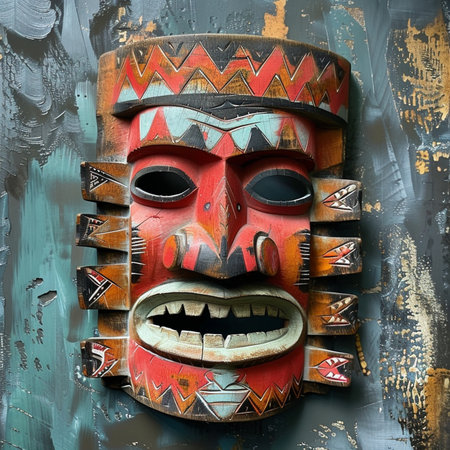 Wooden tribal mask on grunge background. 3d illustration.の素材