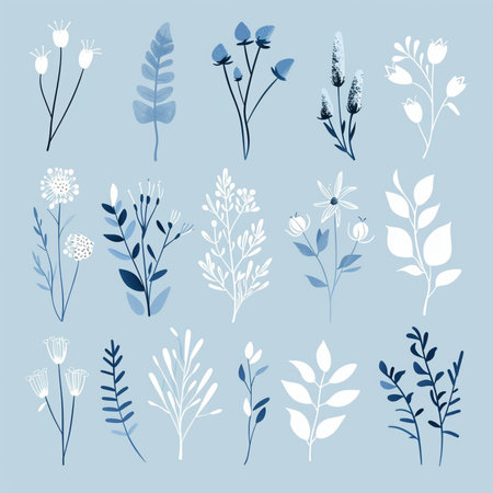Set of hand drawn floral elements. Vector illustration. Isolated on blue background.のイラスト素材