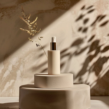 3d render of cosmetic product display podium with natural plant shadows.の素材