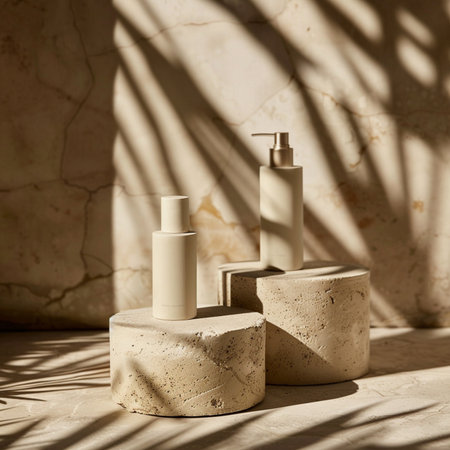 Cream cosmetic bottles on concrete pedestal with shadows. 3d renderの素材