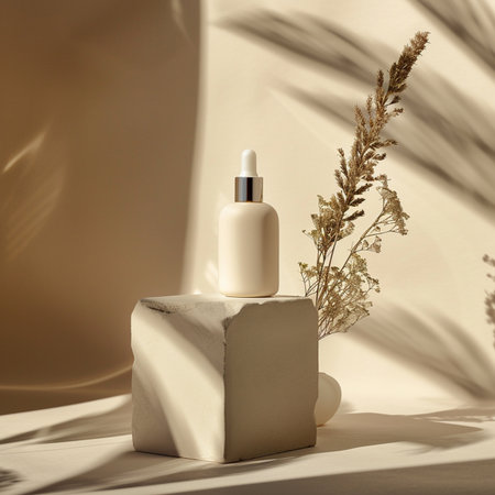 Cosmetic bottle on podium with dried flower on white background. Skin care and beauty products.の素材