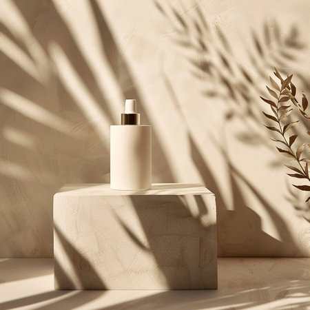 White cosmetic bottle on a white podium. 3d rendering mock upの素材